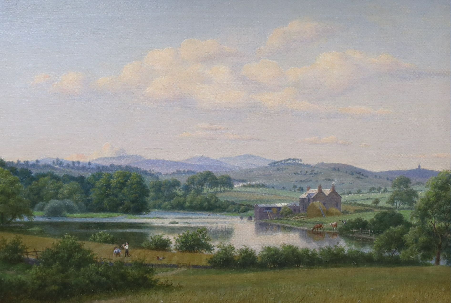 RG Kelly (20th C.), oil on canvas, Extensive landscape with harvesters and cattle watering, signed, 34 x 50cm